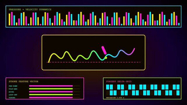 Digital biometric verification system displays line graphs and bar charts tracking hand movement patterns on three separate monitor panels in a dark room environment for analysis