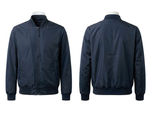 Front and back view of a blue bomber jacket for men isolated on white background