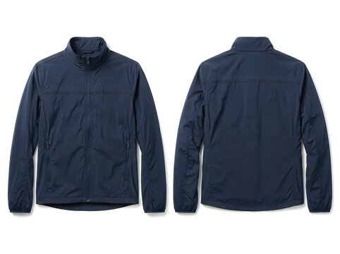 Front and back view of a blue windbreaker jacket isolated on white background