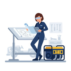 Fototapeta premium A female engineer wearing safety goggles holding blueprints and a tablet while standing in her workshop next to a generator.