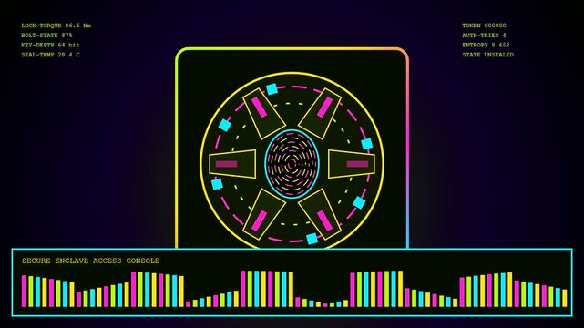 A biometric verification interface displaying a glowing fingerprint scanner panel with shifting color bar graphs and digital metrics appearing on a dark computer monitor screen display