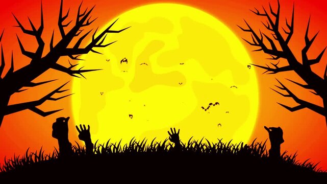Zombie hands holding a happy halloween wooden sign in front of a giant full moon.