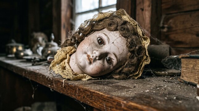 Creepy antique doll head with cracked porcelain face rests on dusty shelf in abandoned room