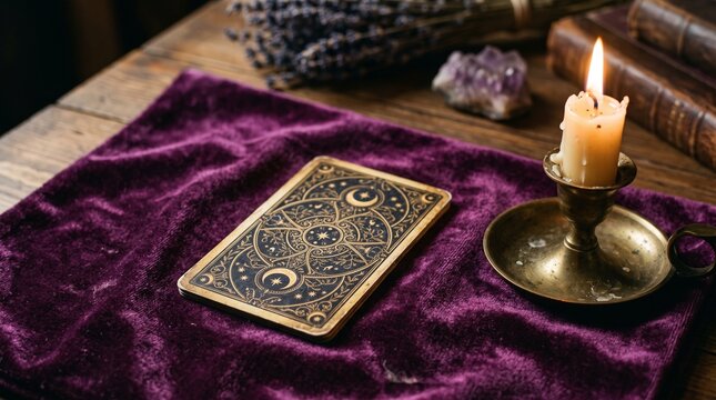Mystical Tarot Cards Laid Out With Burning Candle and Amethyst Crystal on Velvet Cloth