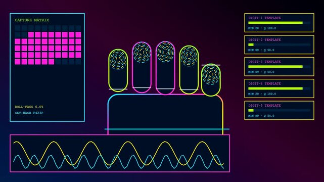 Digital biometric verification process shown as dynamic glowing finger scan interface with fluctuating data graphs and status bars displayed in a sleek dark cybernetic monitoring panel system