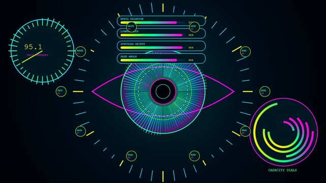 Digital biometric verification scan interface monitors iris dilation and ocular metric data through a shifting multi panel display showing circular gauge readout cycles for medical evaluation