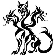 Fototapeta premium 三つの犬型頭部と長い首を持つ四足幻獣の白黒シンボルイラスト