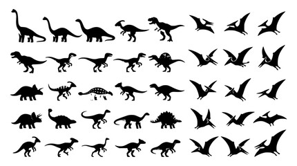 Dinosaur Silhouette Vector Mega Set Featuring Tyrannosaurus Rex, Triceratops, Brachiosaurus, and Pterodactyl Icons Pack for Creative Silhouette Graphic Design Projects © MdShahin