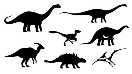 Prehistoric Dinosaur Silhouette Collection Vector Set Featuring Brachiosaurus Stegosaurus Parasaurolophus Pterodactyl and Velociraptor Ancient Extinct Reptile Graphic Design Elements © MdShahin