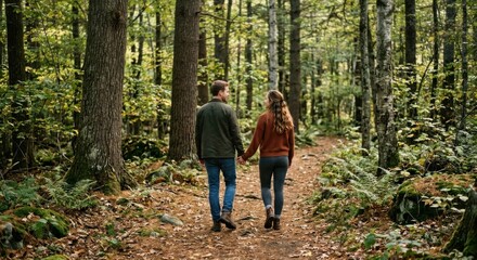 Fototapeta premium Couple Holding Hands Walking Through A Tranquil Forest Path