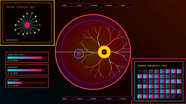 Complex medical retinal scanning showing biometric verification in a digital interface displaying vessel topology maps and data grids across a series of three synchronized screens