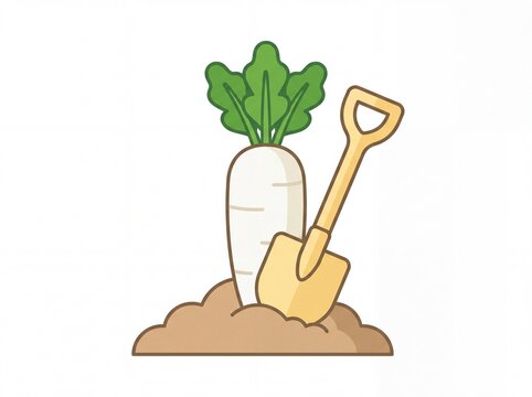 White radish with garden shovel in soil flat illustration