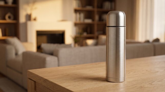 Silver Insulated Vacuum Flask on Wooden Table in Cozy Living Room