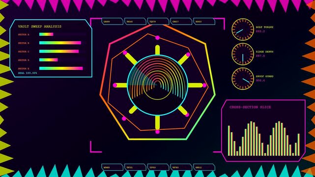 Biometric verification interface panels display rotating radial scanning charts with colorful segmented bar graphs and circular gauges across a triple wide dark neon digital display setup