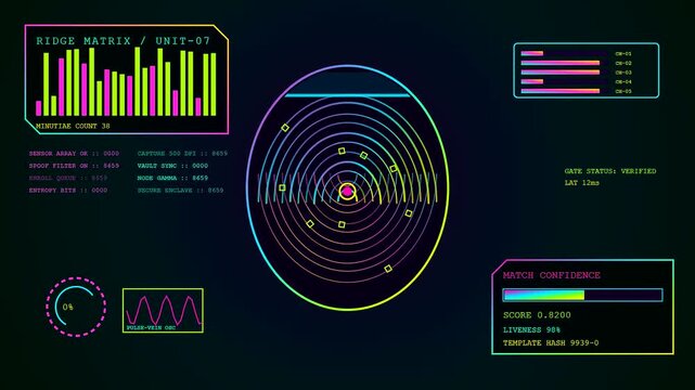 Digital biometric verification display showing complex data patterns with neon circular graphs and shifting interface metrics for security monitoring systems in a dark virtual environment