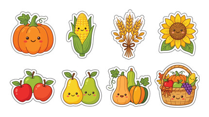 Fototapeta premium Cute Kawaii Autumn Harvest Vegetables and Fruits Collection.