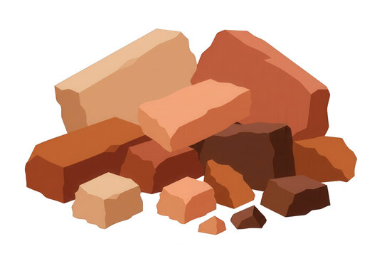 Un mucchio di mattoni di argilla e frammenti di pietra di diverse dimensioni e tonalit&agrave; di marrone, isolati su uno sfondo bianco, rappresentazione grafica vettoriale in stile piatto.