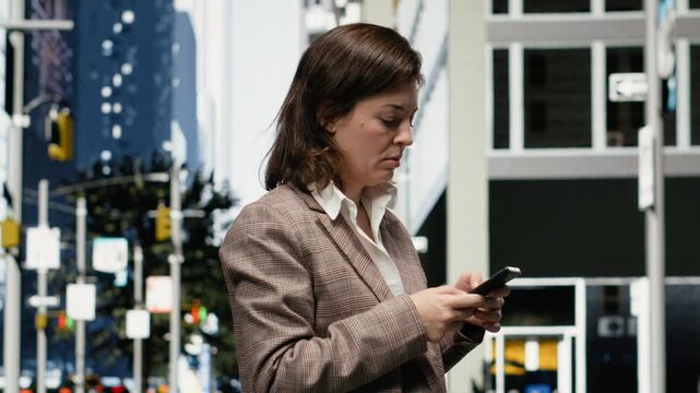 Confused businesswoman checks a map app for directions on a busy downtown street, trying to find the correct route to her city destination using smartphone navigation during the day.