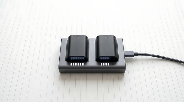 Dual Battery Charger with Micro Usb Cable on White Wooden Surface