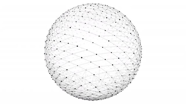 4K rotating orbital sphere animation with interconnected particles forming a dynamic 3D network globe. Minimal high-contrast futuristic technology background ideal for AI, data, blockchain and cyberse