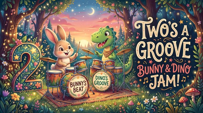 Bunny and baby dinosaur playing drums for second birthday celebration