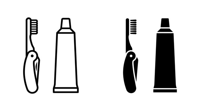 A set of icons representing a foldable toothbrush and a tube of toothpaste, shown in both outline and solid silhouette styles.