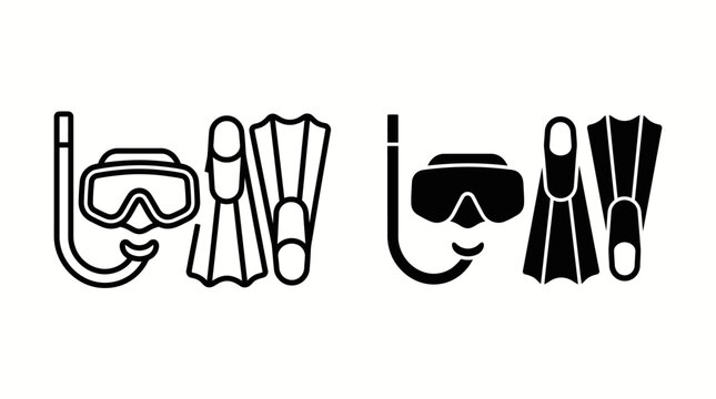 Set of two scuba diving masks and snorkels with fins, one in outline style and the other in solid black.