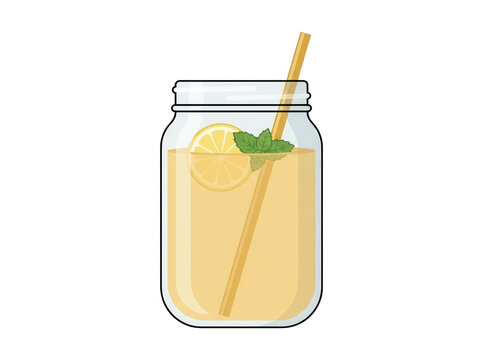 Illustrazione vettoriale di una fresca limonata in un barattolo di vetro con una cannuccia, una fetta di limone e foglie di menta fresca, isolato su sfondo bianco per design estivo e bevande sane.