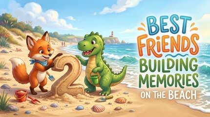 Fototapeta premium Fox and baby dinosaur building number two sandcastle on beach