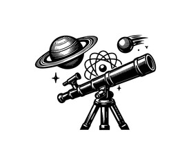 Telescope observing planets, comet, and atomic structure in space © Compositor 