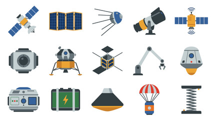 Flat vector icons of space exploration equipment for scientific mission research and education. © Surya