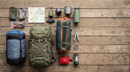 Camping Gear Laid Out on Wooden Deck for Outdoor Adventure Preparation