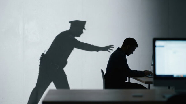 Man working on computer with shadow of police officer reaching toward him on wall, creating tense atmosphere