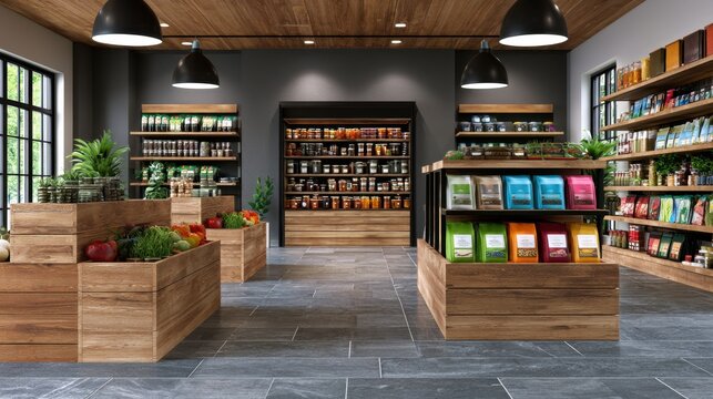 Modern interior of a grocery store with wooden shelves, colorful bags, fresh vegetables, and a welcoming atmosphere for health-conscious customers