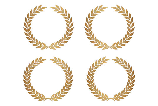 Set di quattro corone di alloro dorate isolate su sfondo bianco, icone vettoriali eleganti per premi, certificati, loghi aziendali, riconoscimenti di eccellenza e design grafici professionali.
