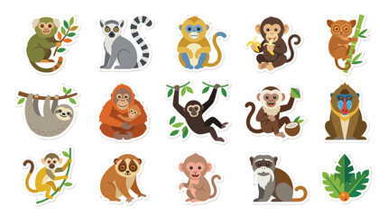 Fototapeta premium Cute Cartoon Monkeys Apes and Sloths Flat Design Animal Sticker Set Vector Illustration
