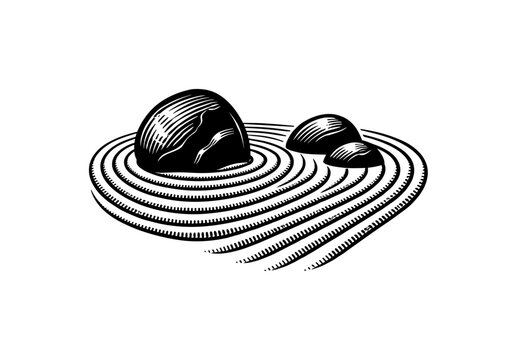 Zen garden illustration with rocks and raked sand patterns