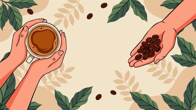 Stylish flat vector illustration celebrating International Coffee Day, featuring hands holding a cup of freshly brewed coffee, roasted coffee beans, and decorative green coffee leaves on a warm beige