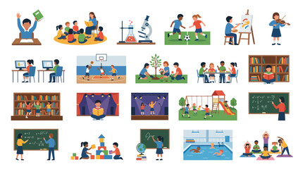 Naklejka premium School Education Flat Vector Illustration: Diverse Learning Activities, Subjects, and Children's Life