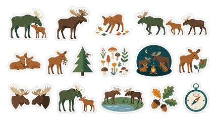 Obraz premium Moose, Deer, and Forest Nature Elements Flat Vector Illustration Sticker Pack for Wildlife Outdoor Themes