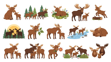 Obraz premium Charming Wildlife Flat Vector Illustration Set of Moose Family and Calves in Nature