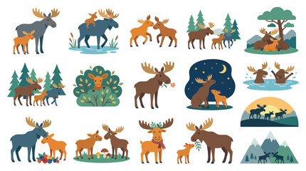 Obraz premium Cute Moose Family Cartoon Vector Illustration - Wildlife Art