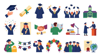 Fototapeta premium Graduation and Education Flat Illustration Set with Students, Diplomas, and Academic Symbols