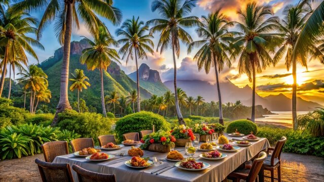A colorful beachside dinner spread amidst lush palm trees and volcanic peaks in balis tropical paradise landscape