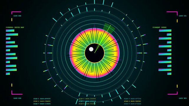Digital biometric telemetry visual scan featuring concentric circles with colorful light patterns and abstract data charts displayed on a dark virtual interface for futuristic software system analysis