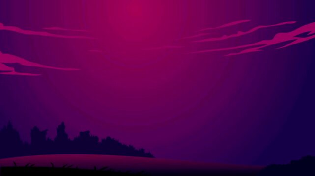 Haunted house and glowing carved pumpkins appearing in a graveyard under a full moon on purple backdrop.