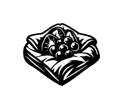 Stylized black and white illustration of a baklava pastry with nuts and syrup