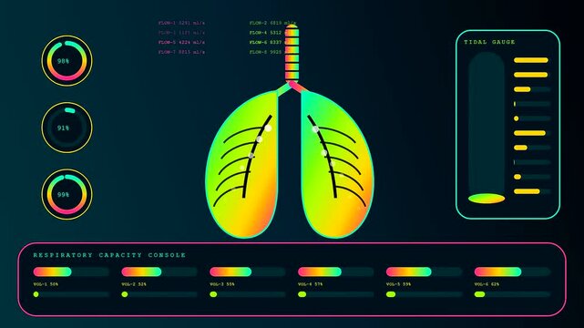 Biometric telemetry shown in a digital medical interface featuring animated human lung silhouettes with rising levels and fluctuating flow rates captured across three sequential screen display panels