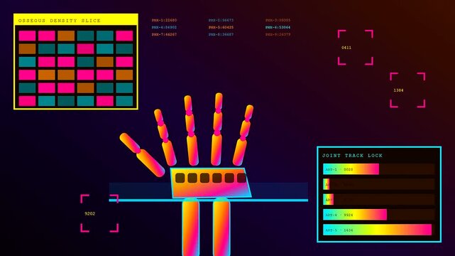Neon biometric telemetry interface features glowing digital hand skeleton overlays with scrolling data readouts and dynamic color changing charts displayed on a dark virtual laboratory screen
