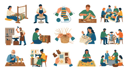 Fototapeta premium Artisans and Crafters Practicing Traditional Handicrafts. Flat Vector Illustration Set of People Making Handmade Goods.